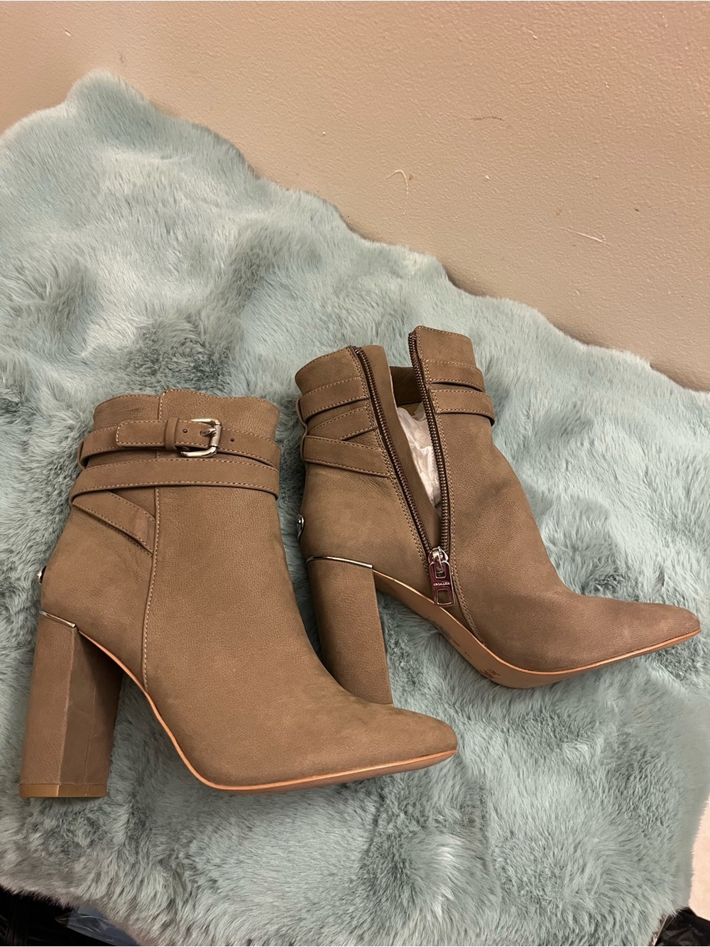 Coach Taupe genuine leather Block Heel Ankle Boots 3 in. Heel height